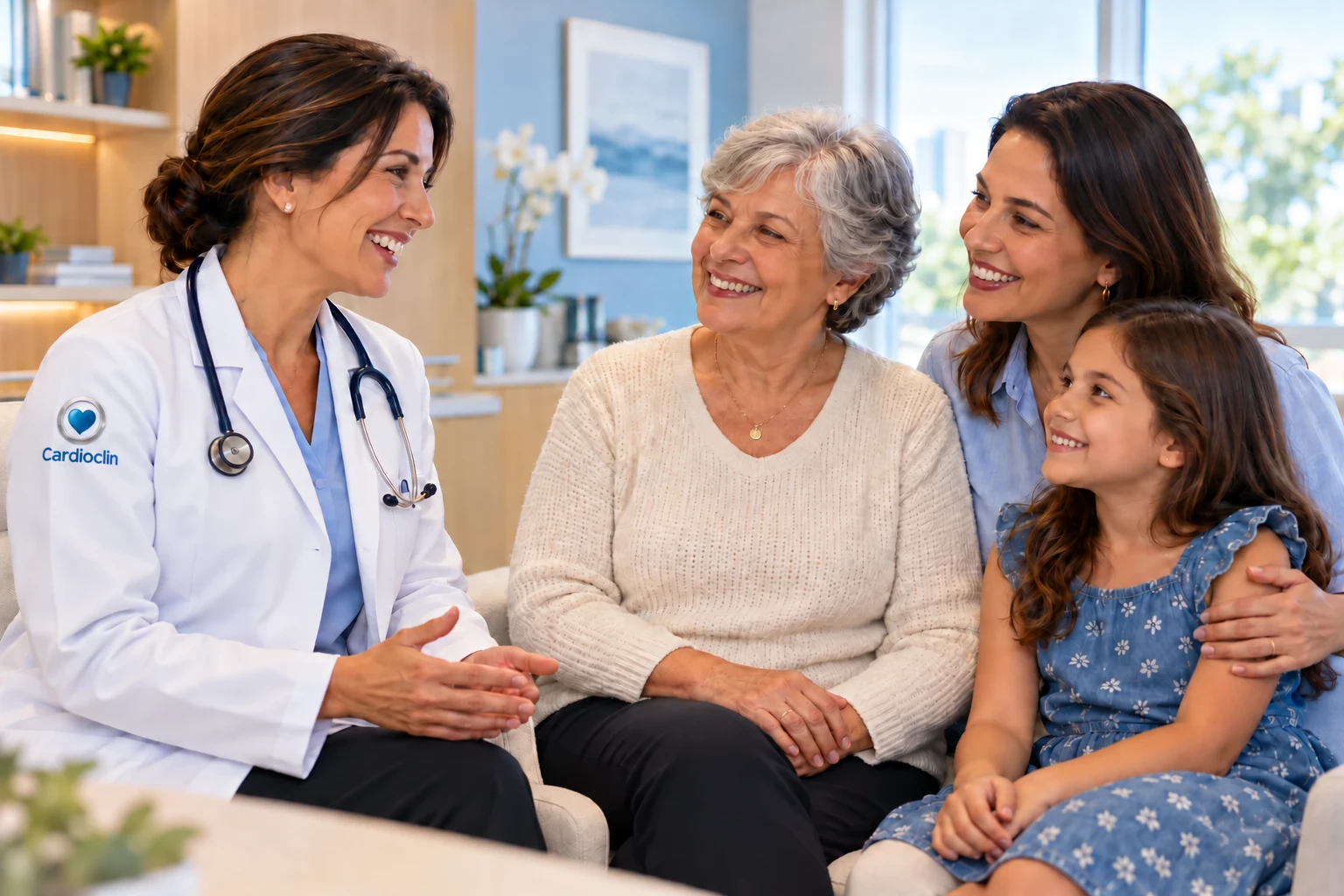 Médica acolhe avó, mãe e filha, com o símbolo Cardioclin no ombro do jaleco