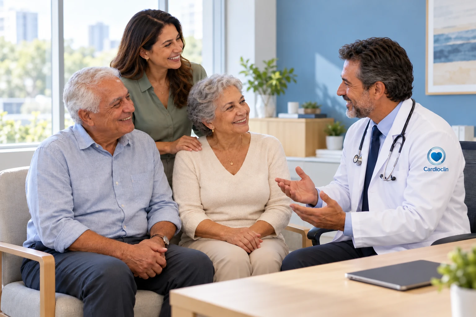Médico à direita conversa com casal idoso e filha em consulta acolhedora